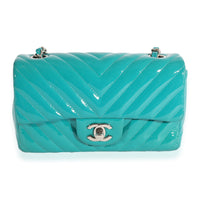 Chanel Teal Chevron Quilted Patent Leather Mini Rectangular Classic Flap Bag