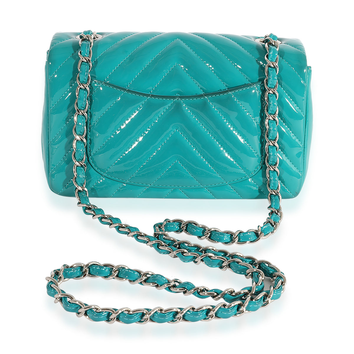 Chanel Teal Chevron Quilted Patent Leather Mini Rectangular Classic Flap Bag
