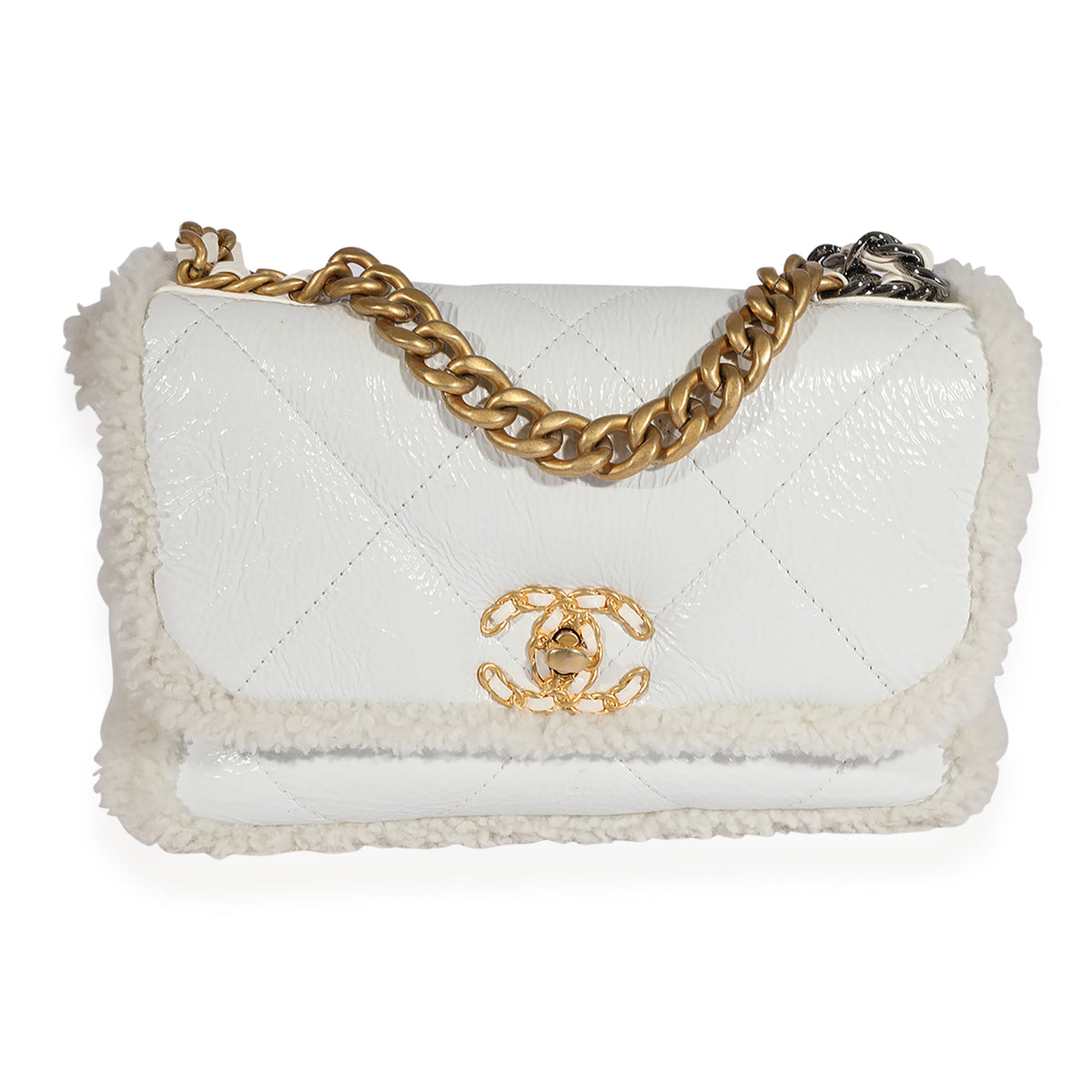 Chanel White Patent Leather & Shearling Chanel 19 Medium Flap Bag