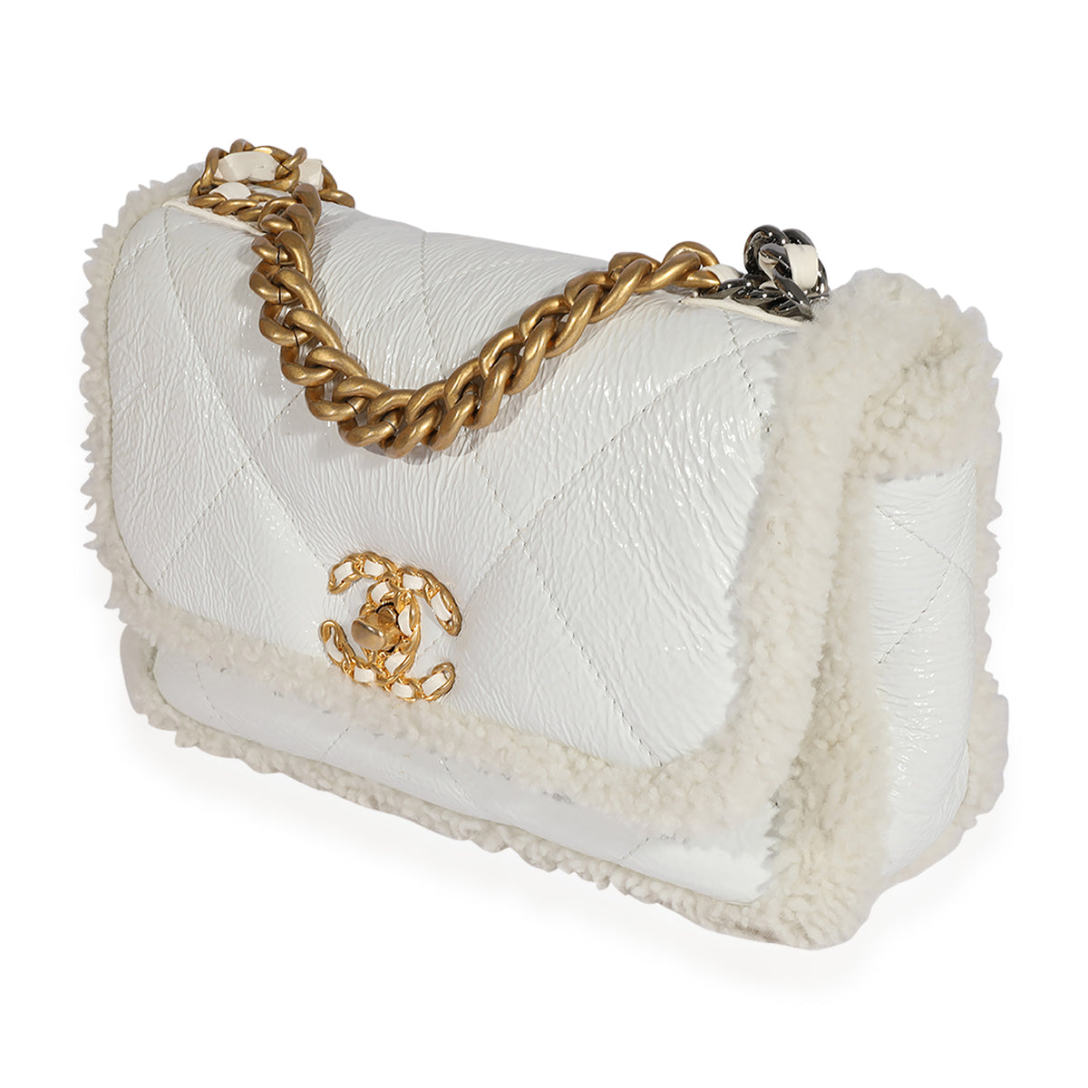 Chanel White Patent Leather & Shearling Chanel 19 Medium Flap Bag