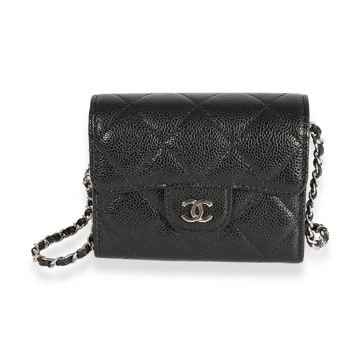 Chanel Black Quilted Grained Calfskin Mini Cardholder With Chain