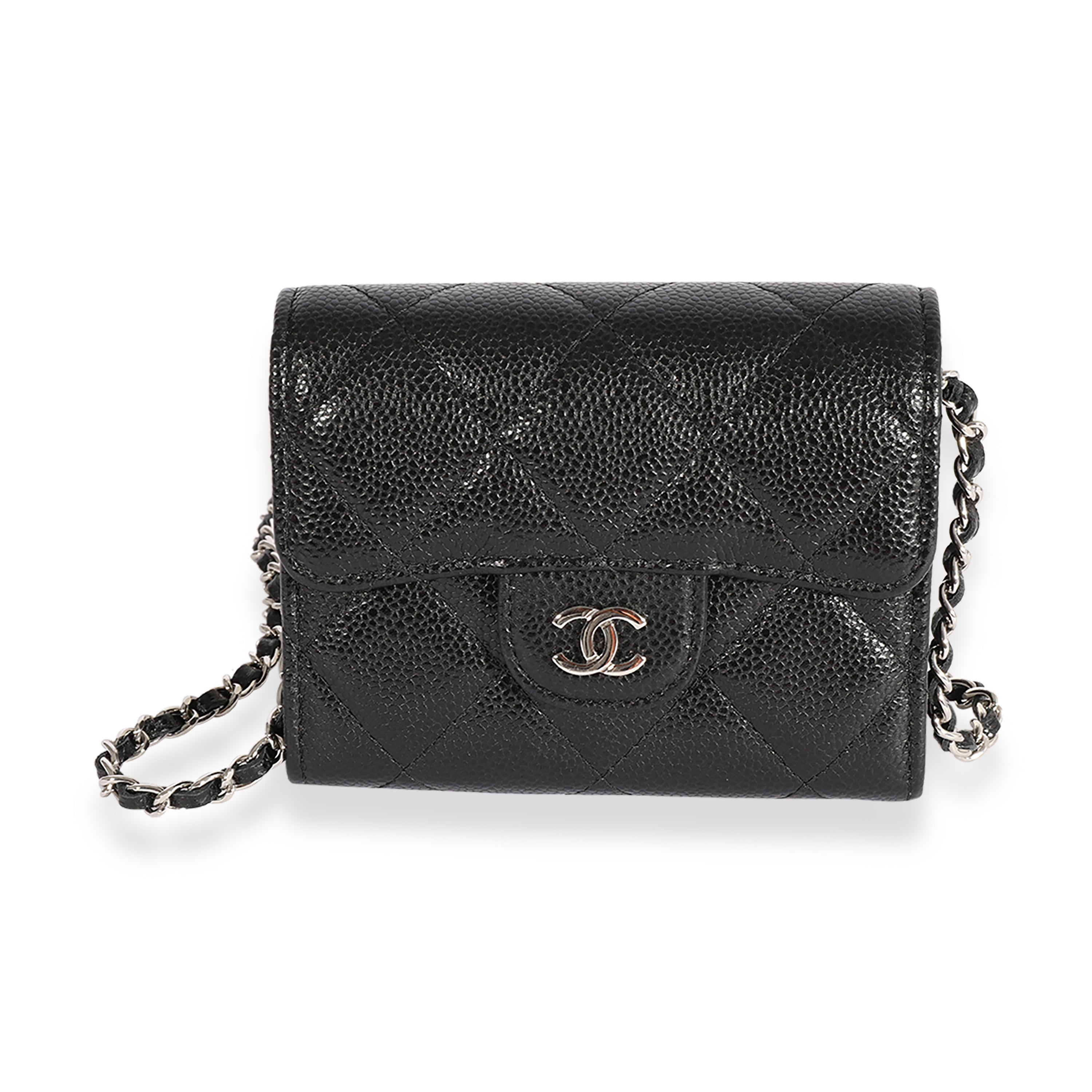 Chanel Black Quilted Caviar Mini Flap Card Holder On Chain