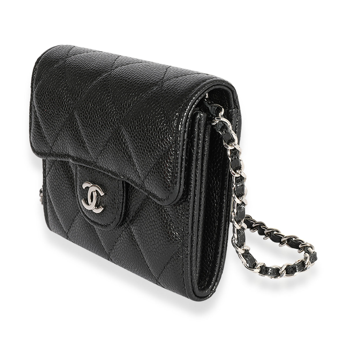 CHANEL, Bags, Chanel Plate Logo Cc Flap Card Holder On Chain Quilted  Caviar Mini