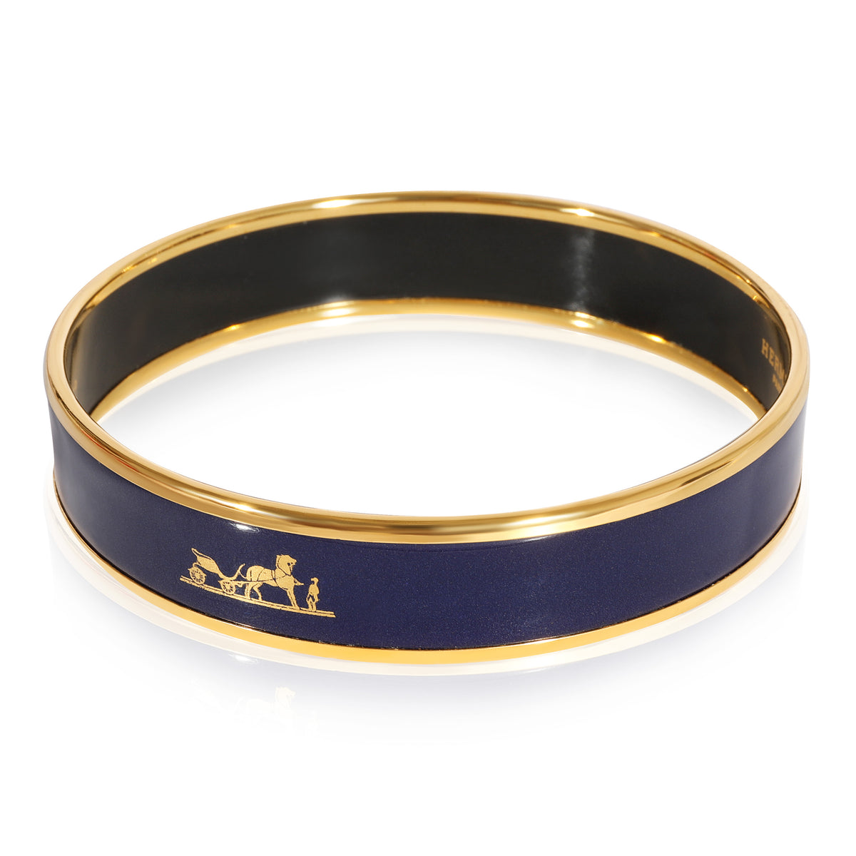 Hermès Plated Vintage Enamel Bracelet with Navy Blue Caleche, 14mm (67MM)