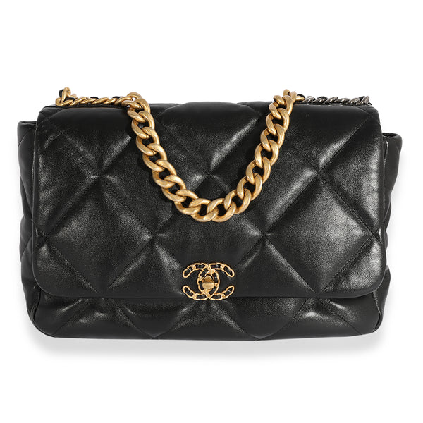 CHANEL Shiny Goatskin Quilted Small Chanel 19 Pouch With Handle Black, FASHIONPHILE