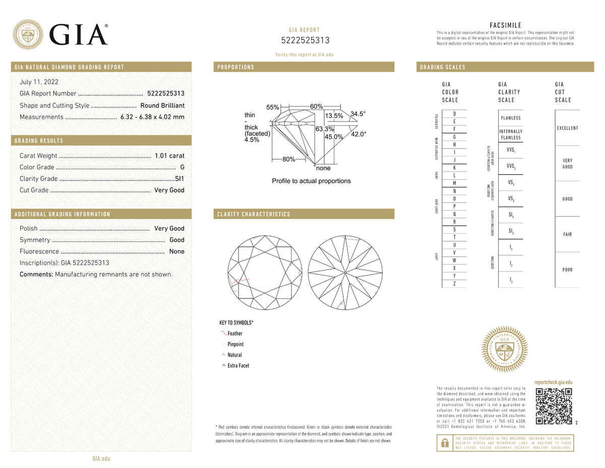 GIA Certified 1.01 Ct Round cut G SI1 Loose Diamond