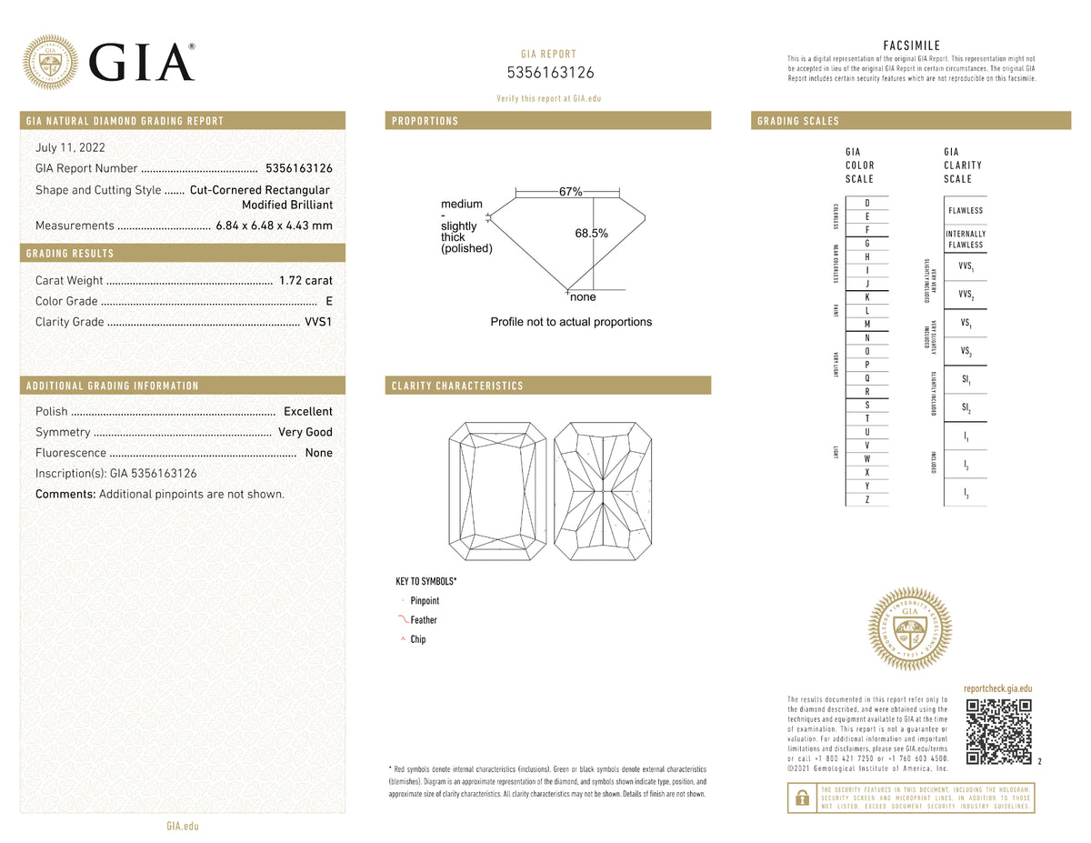 GIA Certified 1.72 Ct Radiant cut E VVS1 Loose Diamond