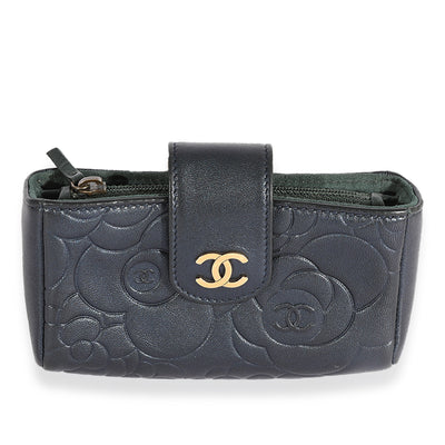 Chanel Navy Camellia Embossed Leather Phone Holder Clutch