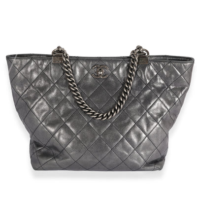 Chanel Metallic Blue Quilted Calfskin Shopping In Chains Tote