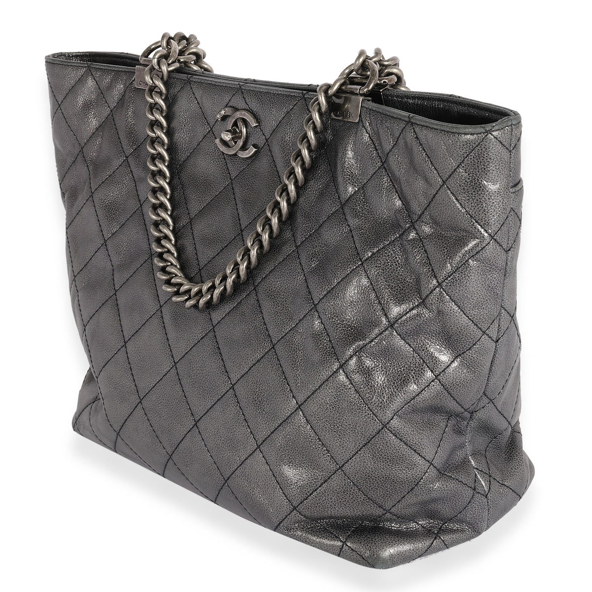 Chanel Metallic Blue Quilted Calfskin Shopping In Chains Tote