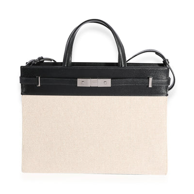 Saint Laurent Beige Canvas & Black Calfskin Small Manhattan Tote