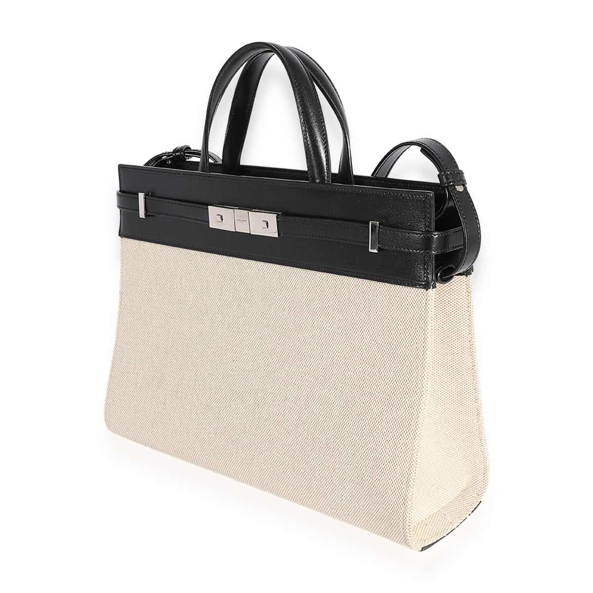 Saint Laurent Beige Canvas & Black Calfskin Small Manhattan Tote