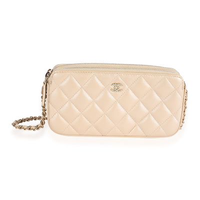 Chanel Gold Quilted Lambskin Double Zip Pearl Chain Wallet