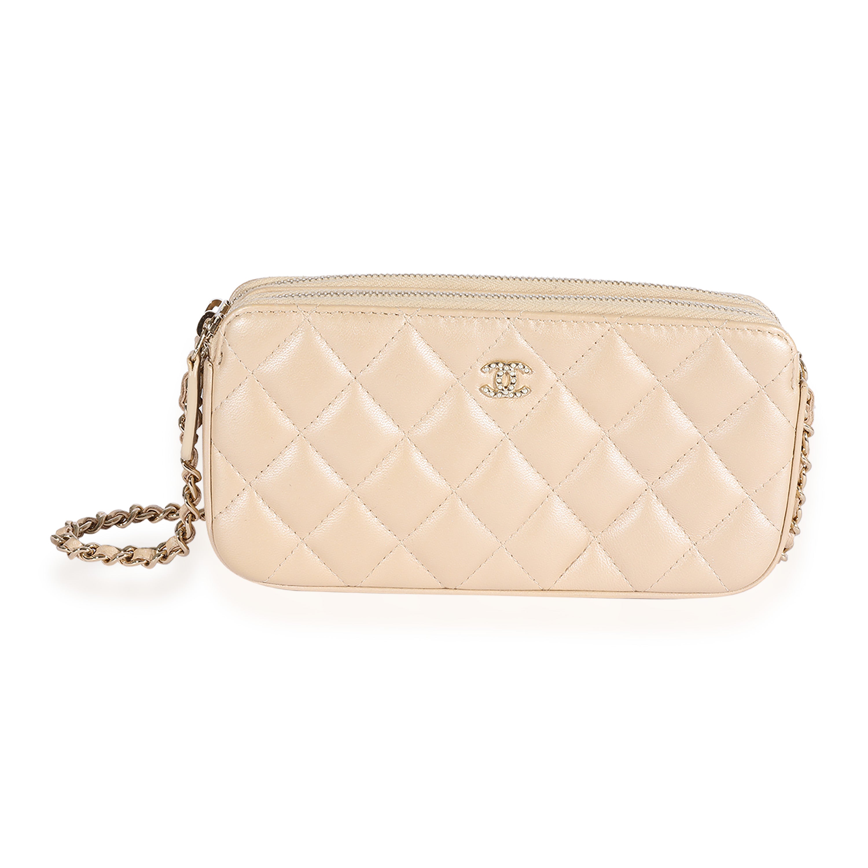 Chanel Gold Quilted Lambskin Double Zip Pearl Chain Wallet, myGemma