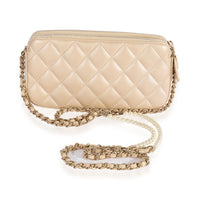 Chanel Gold Quilted Lambskin Double Zip Pearl Chain Wallet