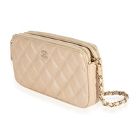 Chanel Gold Quilted Lambskin Double Zip Pearl Chain Wallet