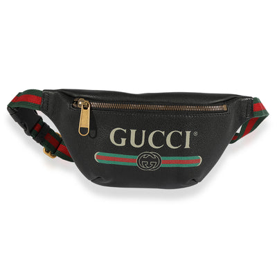 Black Grained Calfskin Logo Print Web Small Belt Bag