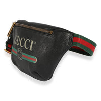 Black Grained Calfskin Logo Print Web Small Belt Bag