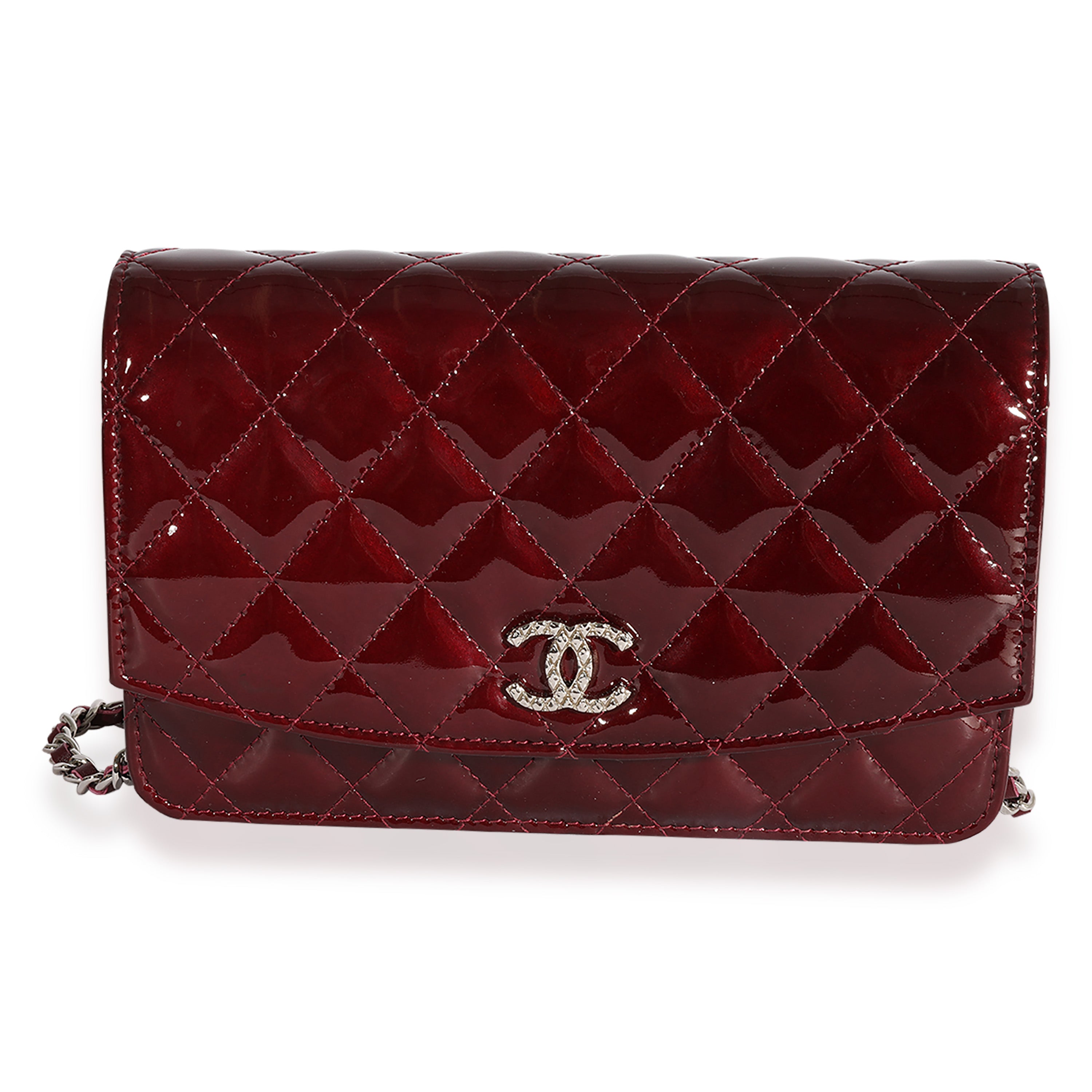 Chanel Burgundy Quilted Patent Leather Brilliant Wallet On Chain