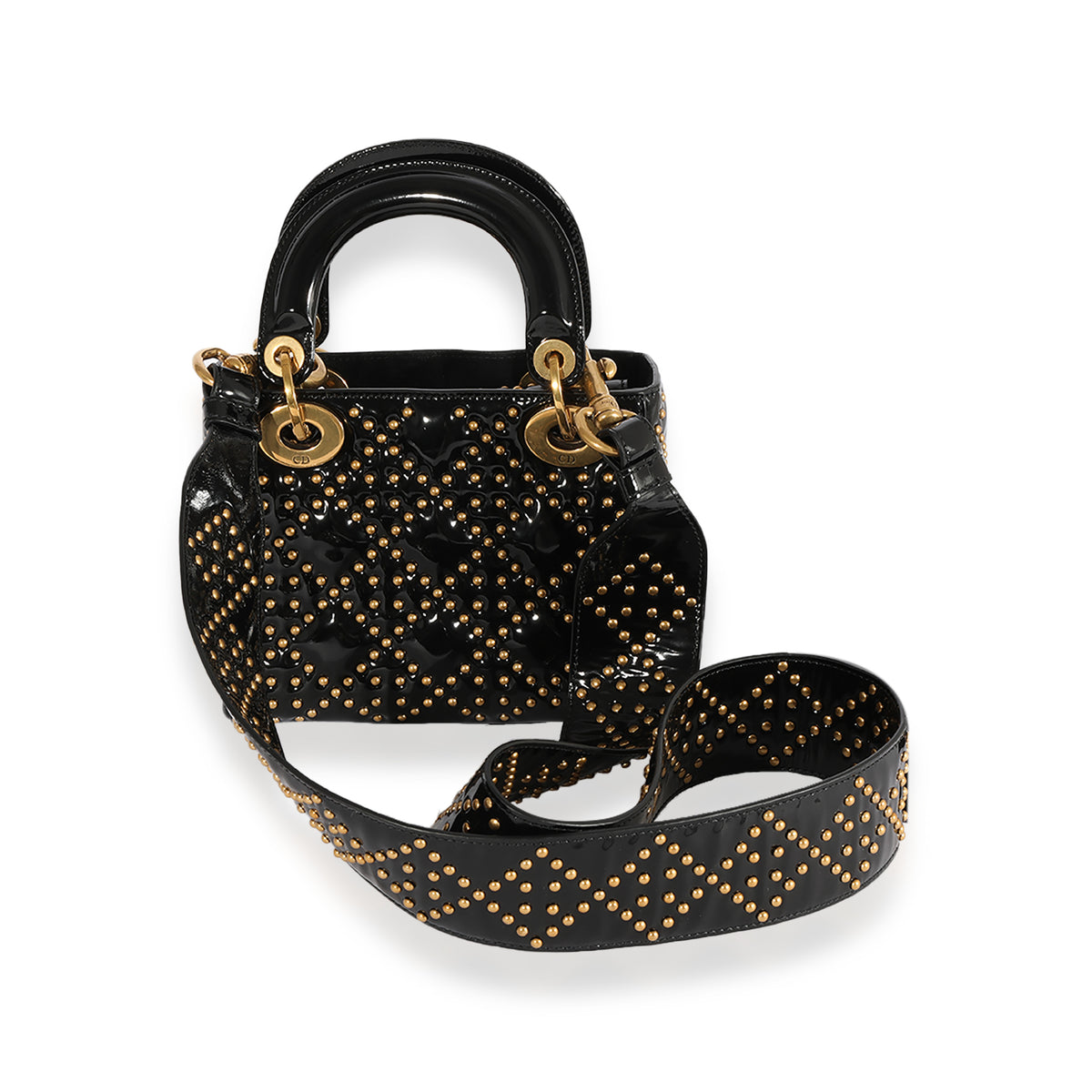 Dior Gold Studded Patent Leather Mini Lady Dior Bag