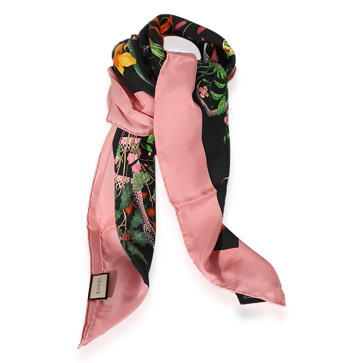 Gucci Black Multicolor Silk Flora Snake Scarf