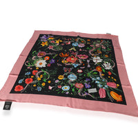 Gucci Black & Multicolor Silk Flora Snake Scarf