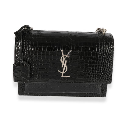 Saint Laurent Black Crocodile-Embossed Medium Sunset Bag