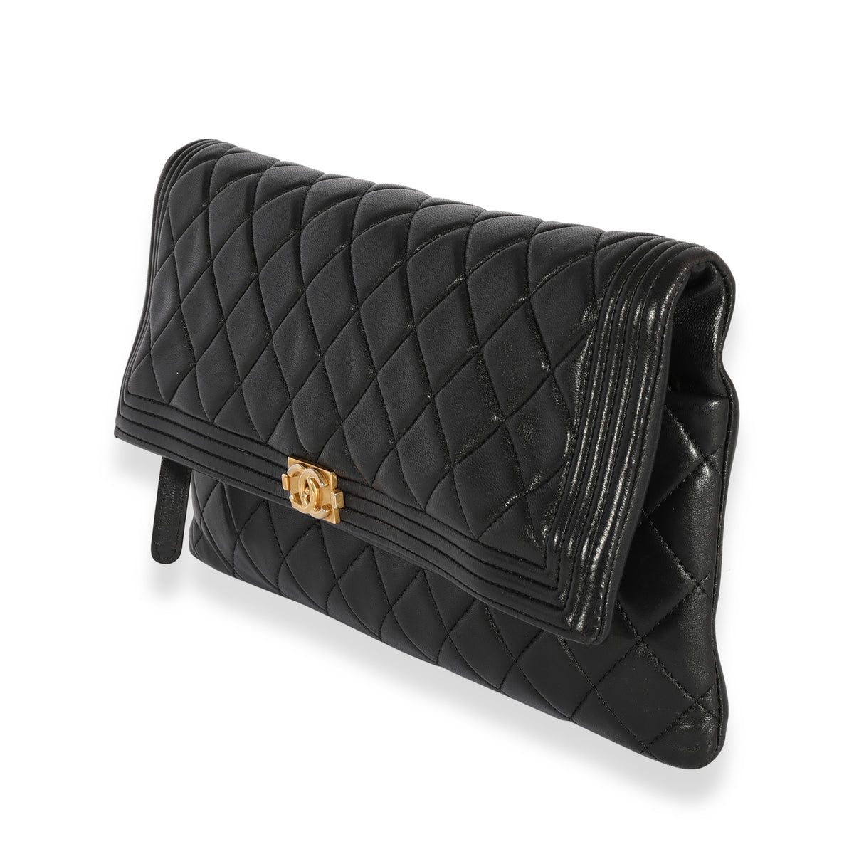 Chanel Black Quilted Lambskin Boy Fold-Over Clutch