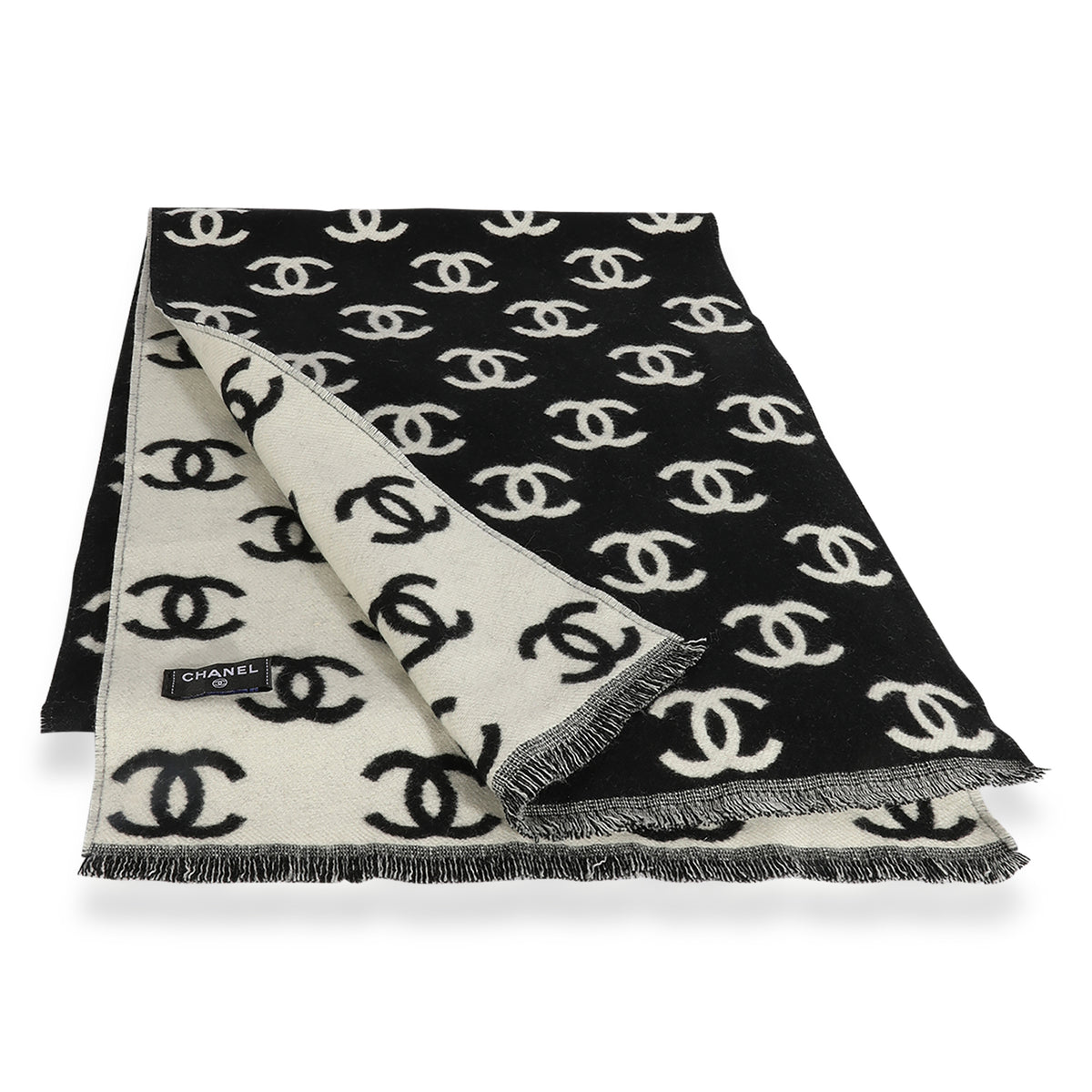 chanel cashmere scarf black white cc