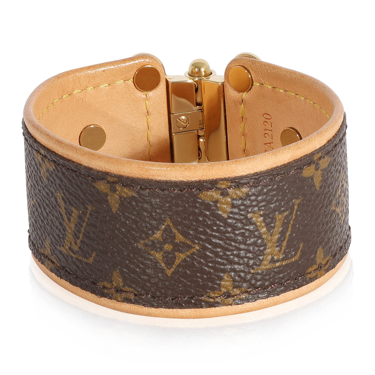 Louis Vuitton Brown Monogram Save It Cuff Bracelet Leather Cloth