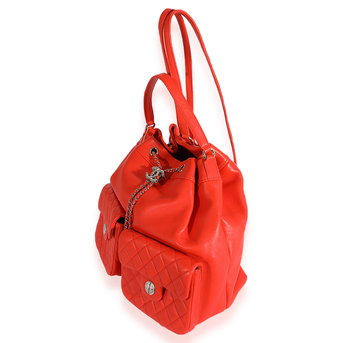 coral leather backpack Chanel Coral Calfskin Double Pocket Drawstring Backpack | myGemma