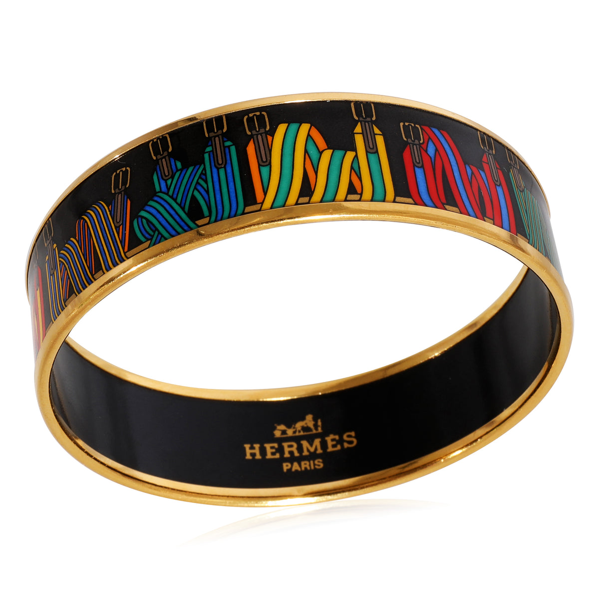 Hermès Gold Tone Wide Black Enamel Sangles Bracelet (62MM)