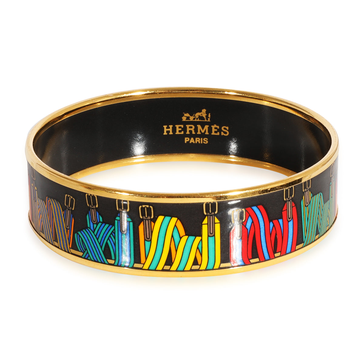 Hermès Gold Tone Wide Black Enamel Sangles Bracelet (62MM)