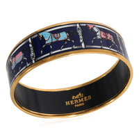 Gold Tone Hermes Wide Enamel Couvertures et Tenues de Jour Bangle, Navy Blue