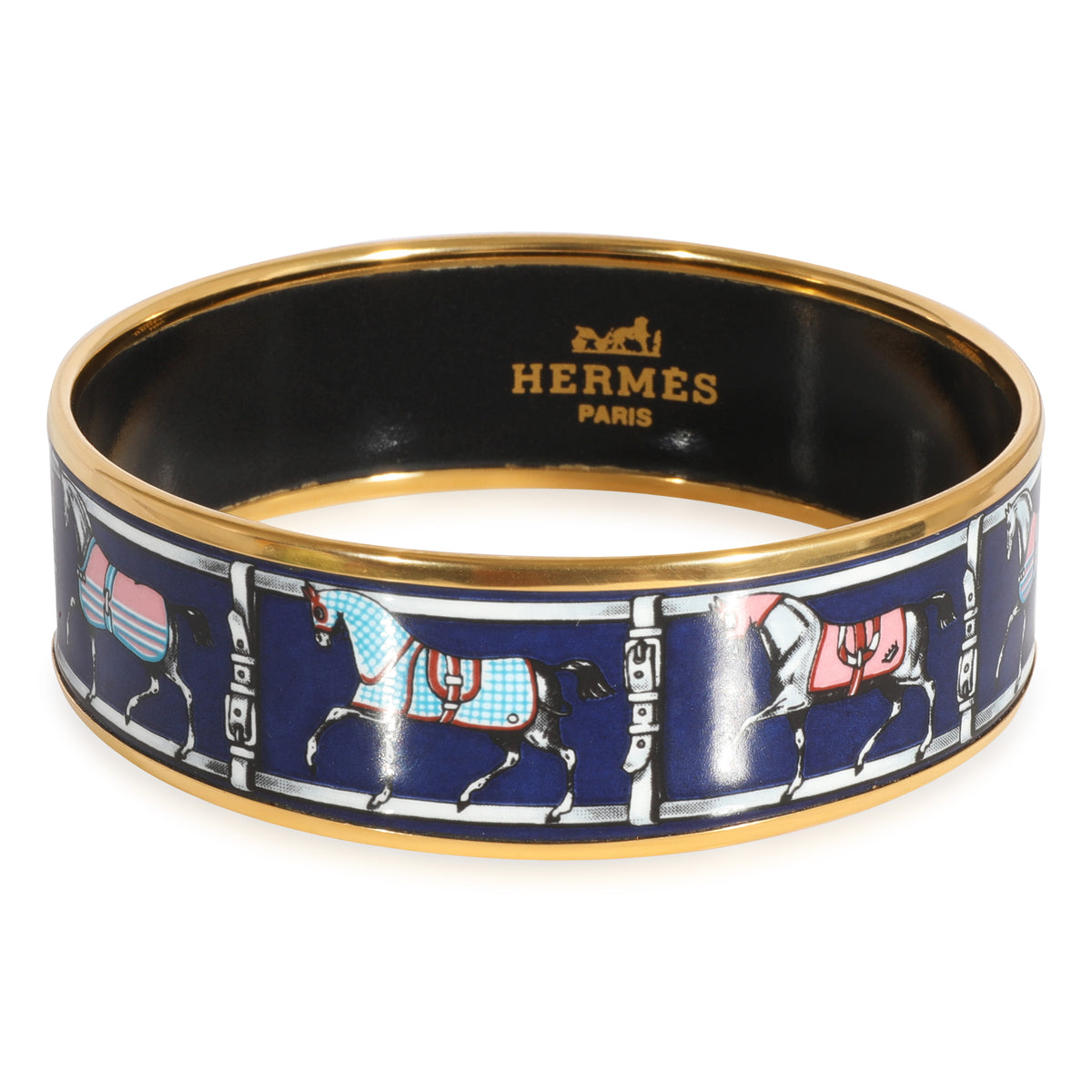 Gold Tone Hermes Wide Enamel Couvertures et Tenues de Jour Bangle, Navy Blue