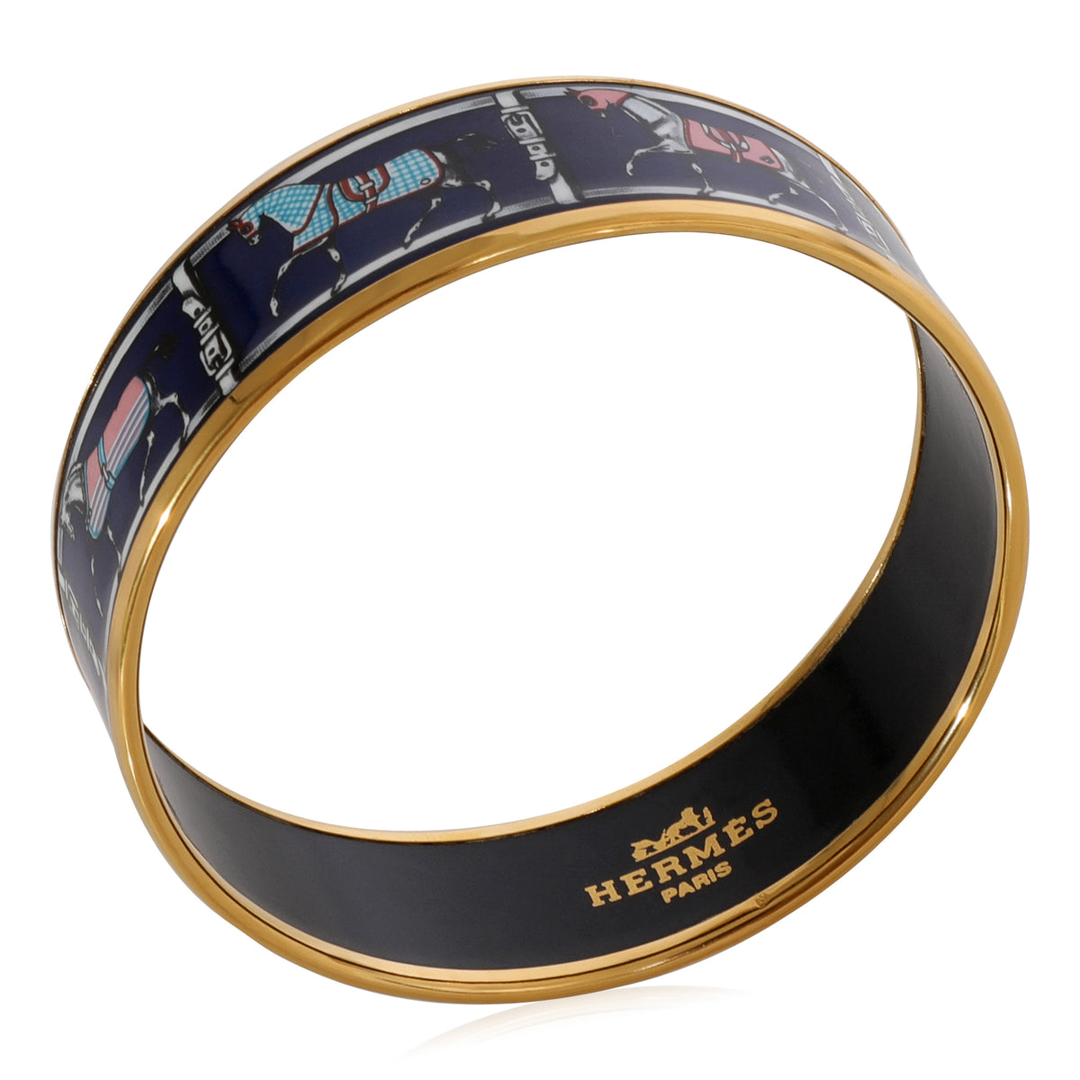 Gold Tone Hermes Wide Enamel Couvertures et Tenues de Jour Bangle, Navy Blue