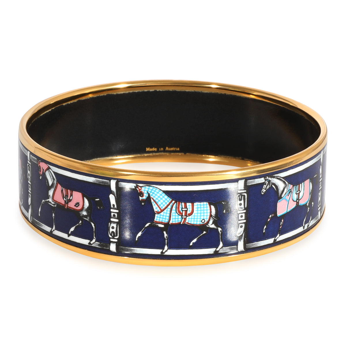 Gold Tone Hermes Wide Enamel Couvertures et Tenues de Jour Bangle, Navy Blue