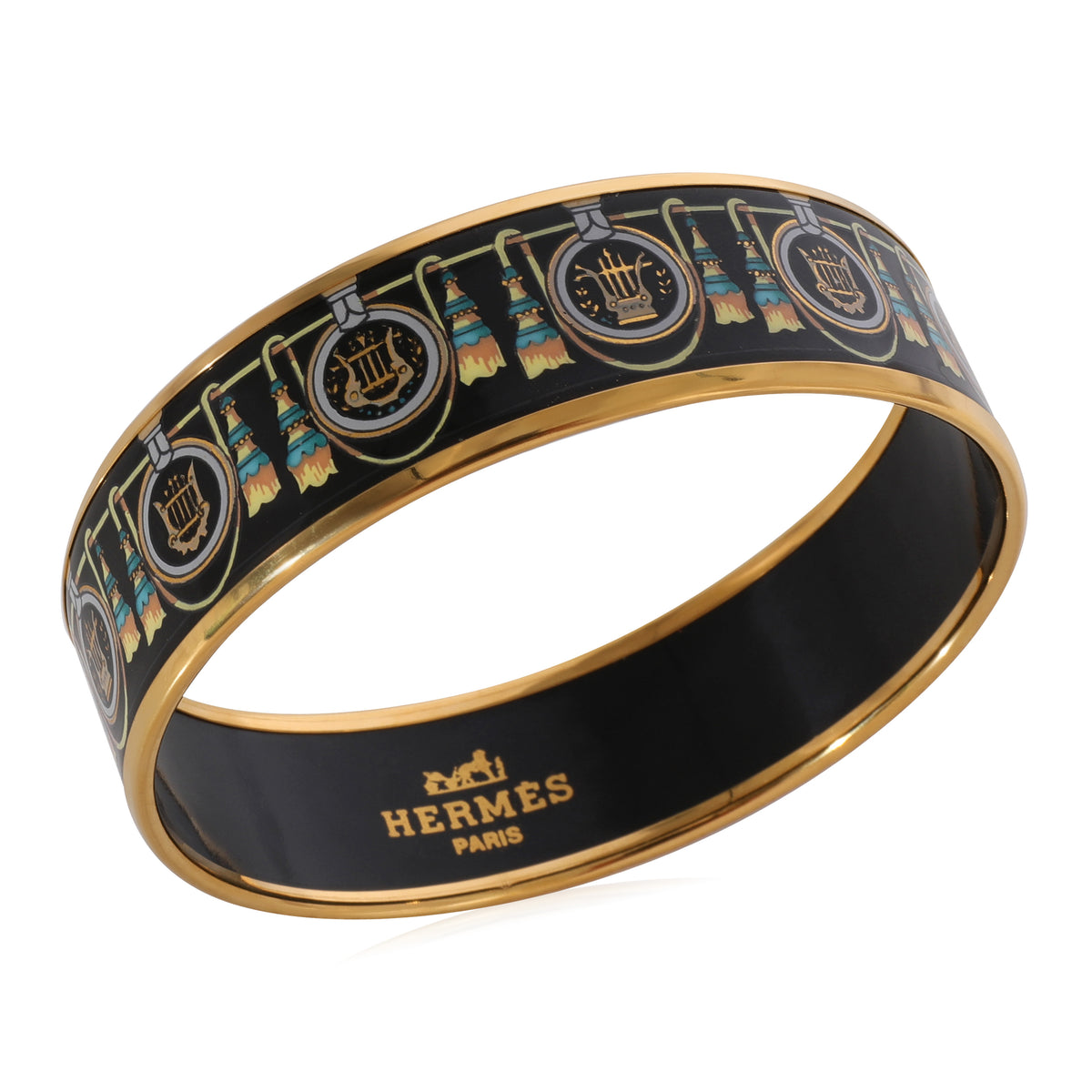 Hermès Enamel Black Wide Bracelet with Harps & Tassels