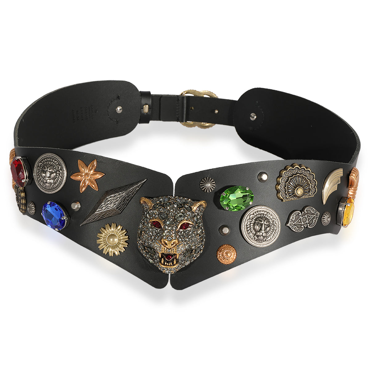 Gucci Crystal-Embellished Black Leather Tiger Head Wide Belt