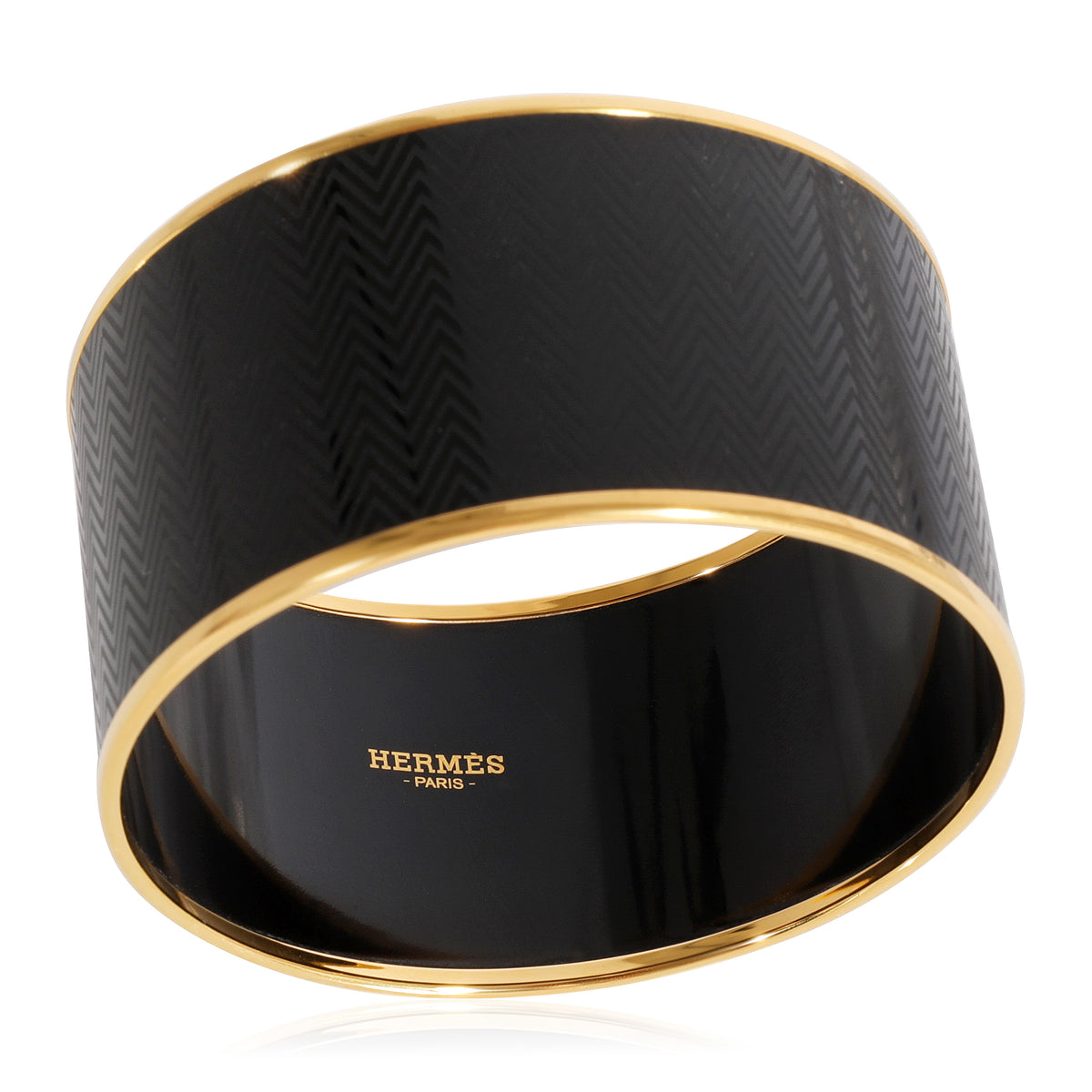 Gold Tone Hermès Printed Black Enamel Bracelet