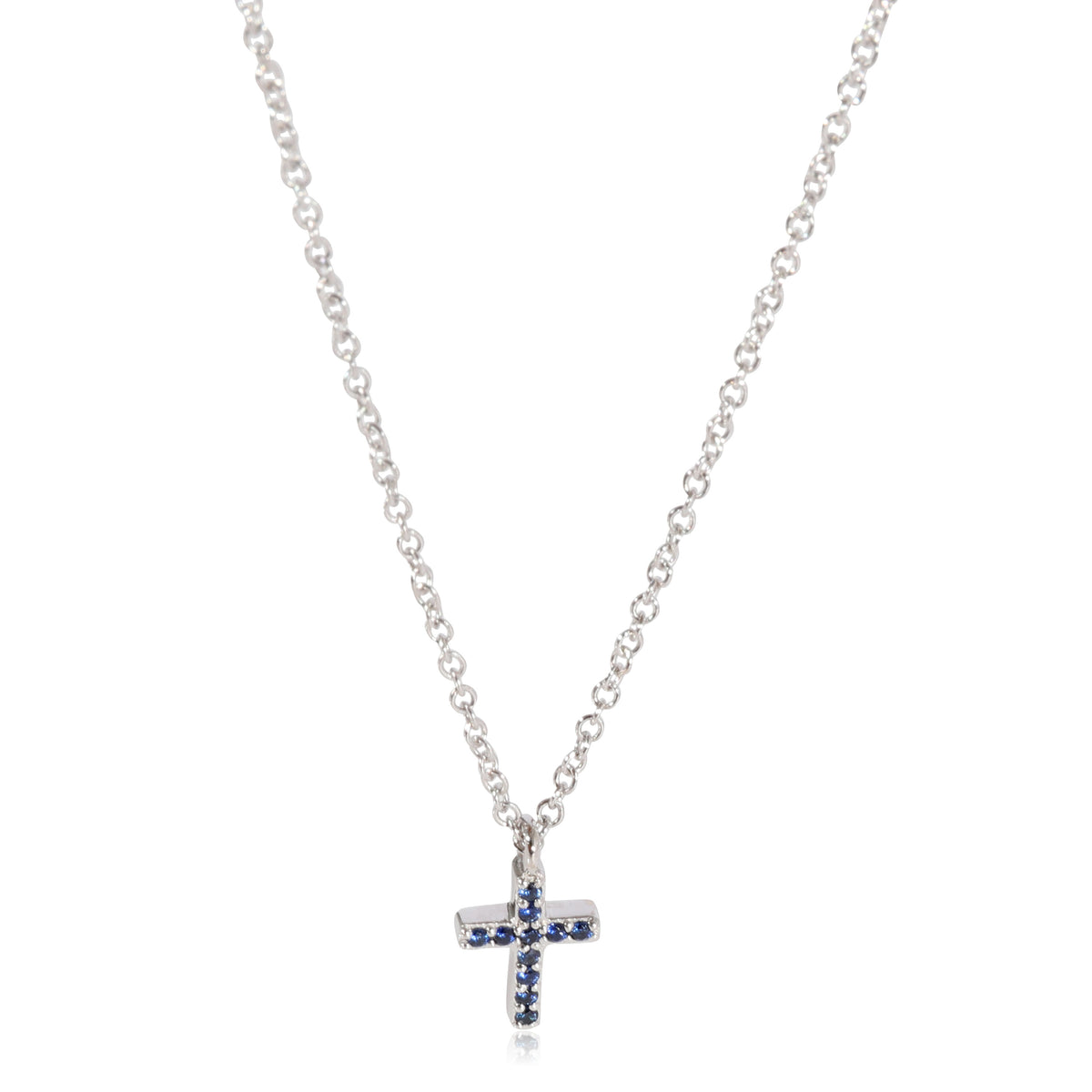 Tiffany & Co. Blue Sapphire Mini Cross Pendant in 18K White Gold