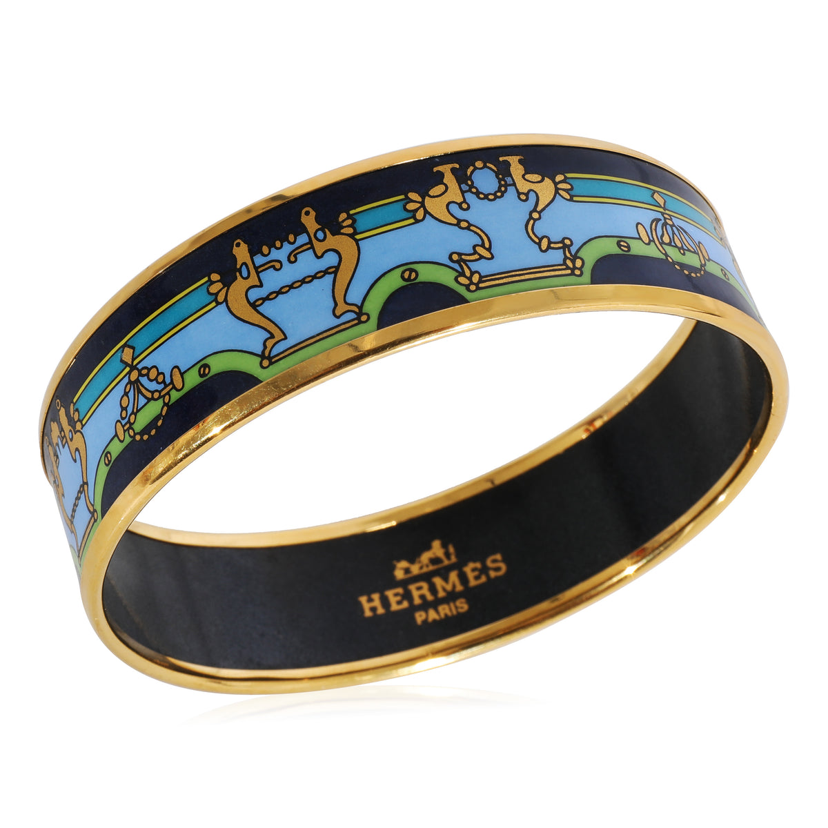 Hermès Plated Enamel Bracelet with Blue, Green & Gold  Design (62MM)