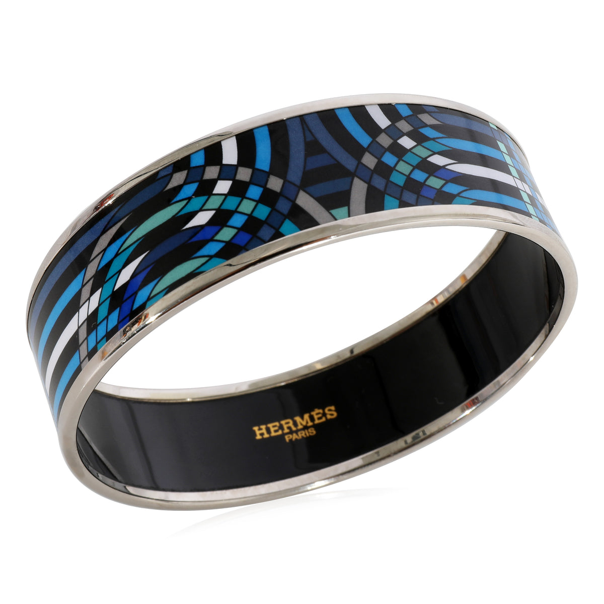 Hermès Plated Wide Blue Geometric Design Enamel Bracelet