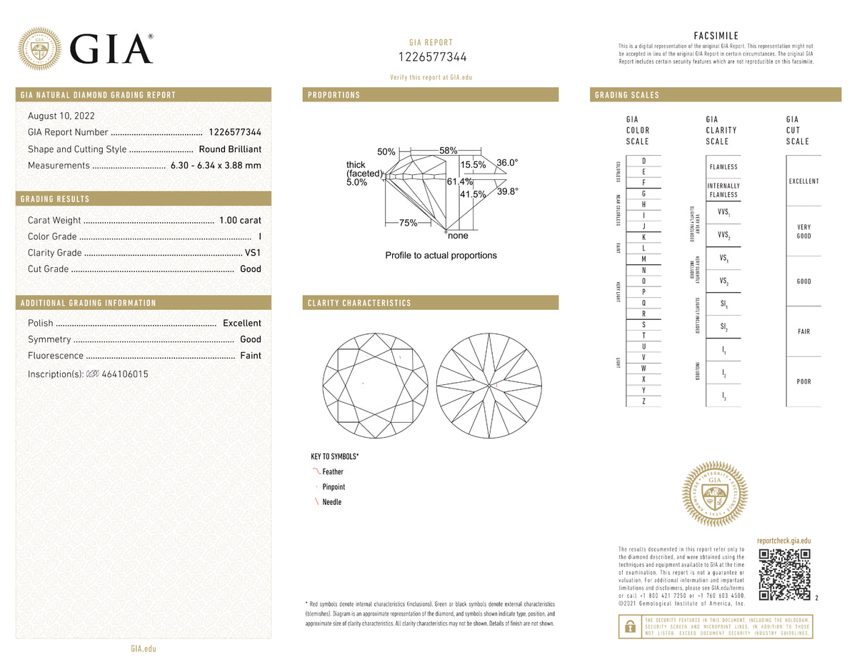 GIA Certified 1.00 Ct Round cut I VS1 Loose Diamond