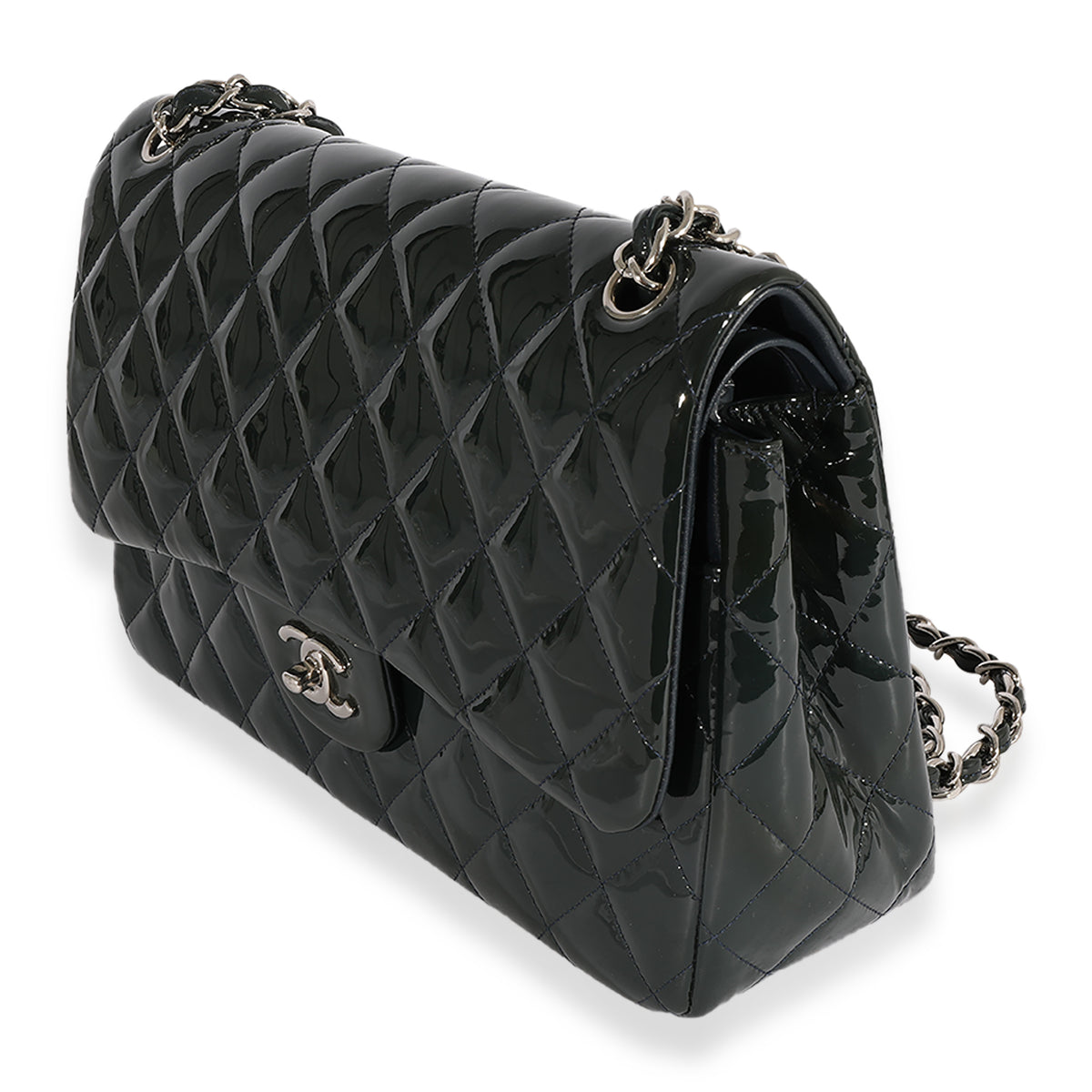 Chanel Navy Quilted Patent Leather Classic Jumbo Double Flap