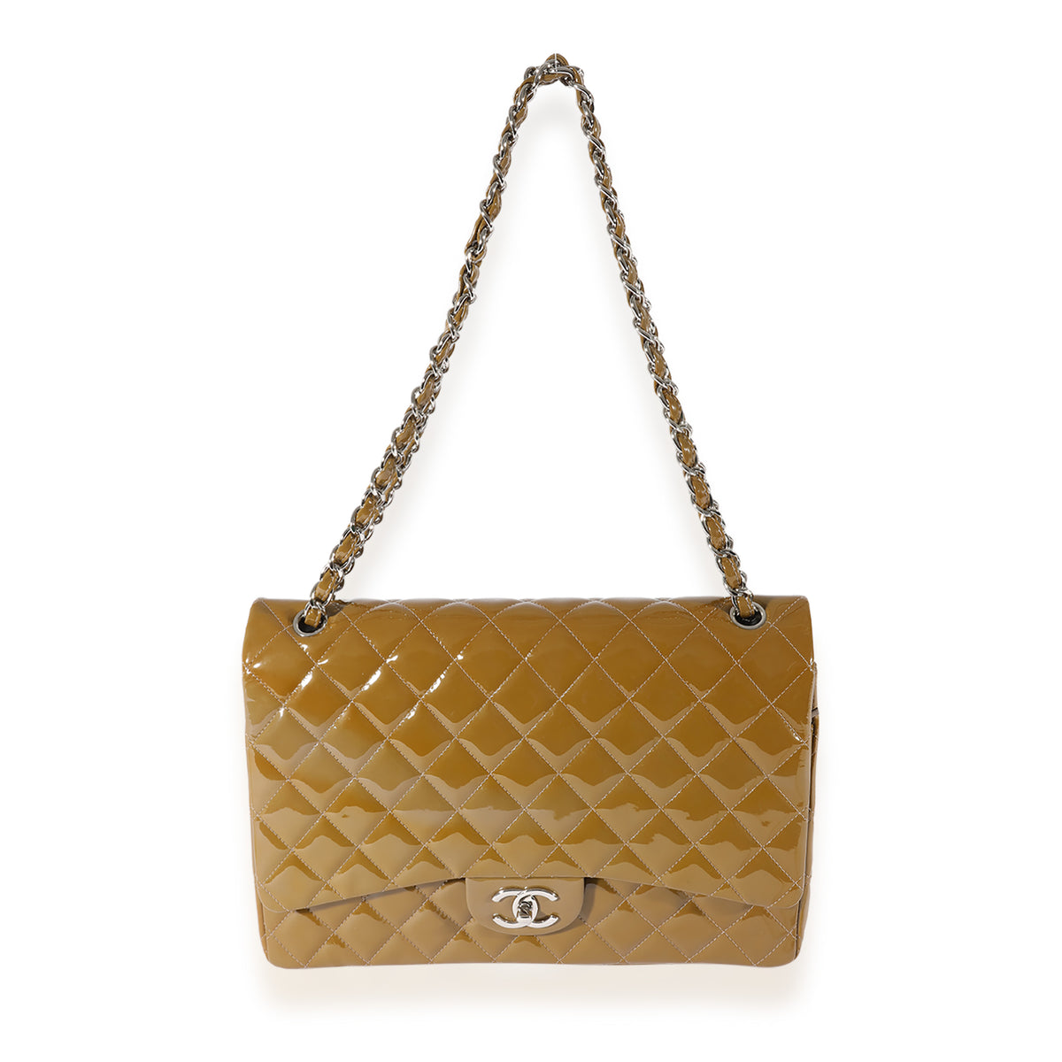 Chanel Tan Quilted Patent Leather Maxi Double Flap