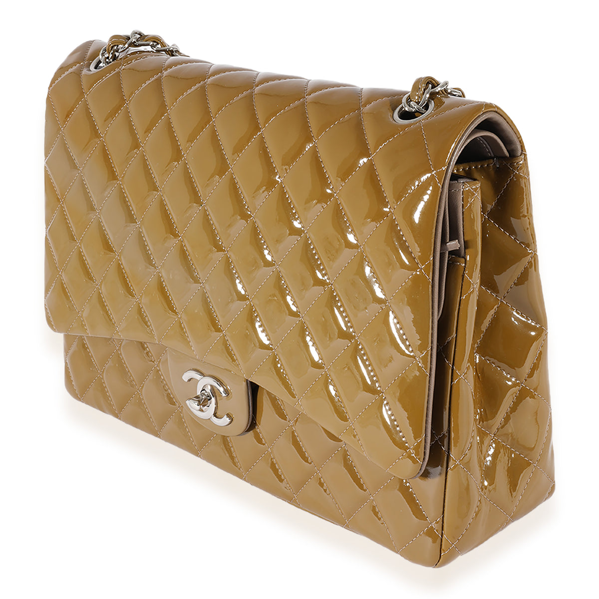 Chanel Tan Quilted Patent Leather Maxi Double Flap