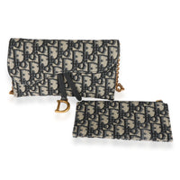 Dior Blue Oblique Jacquard Saddle Wallet on Chain