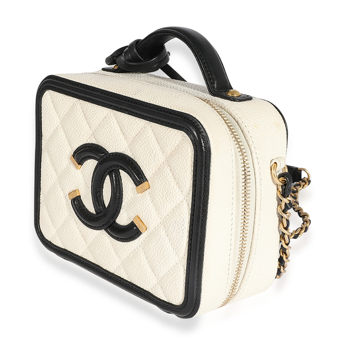 CHANEL Caviar Quilted Small CC Filigree Vanity Case Beige Black
