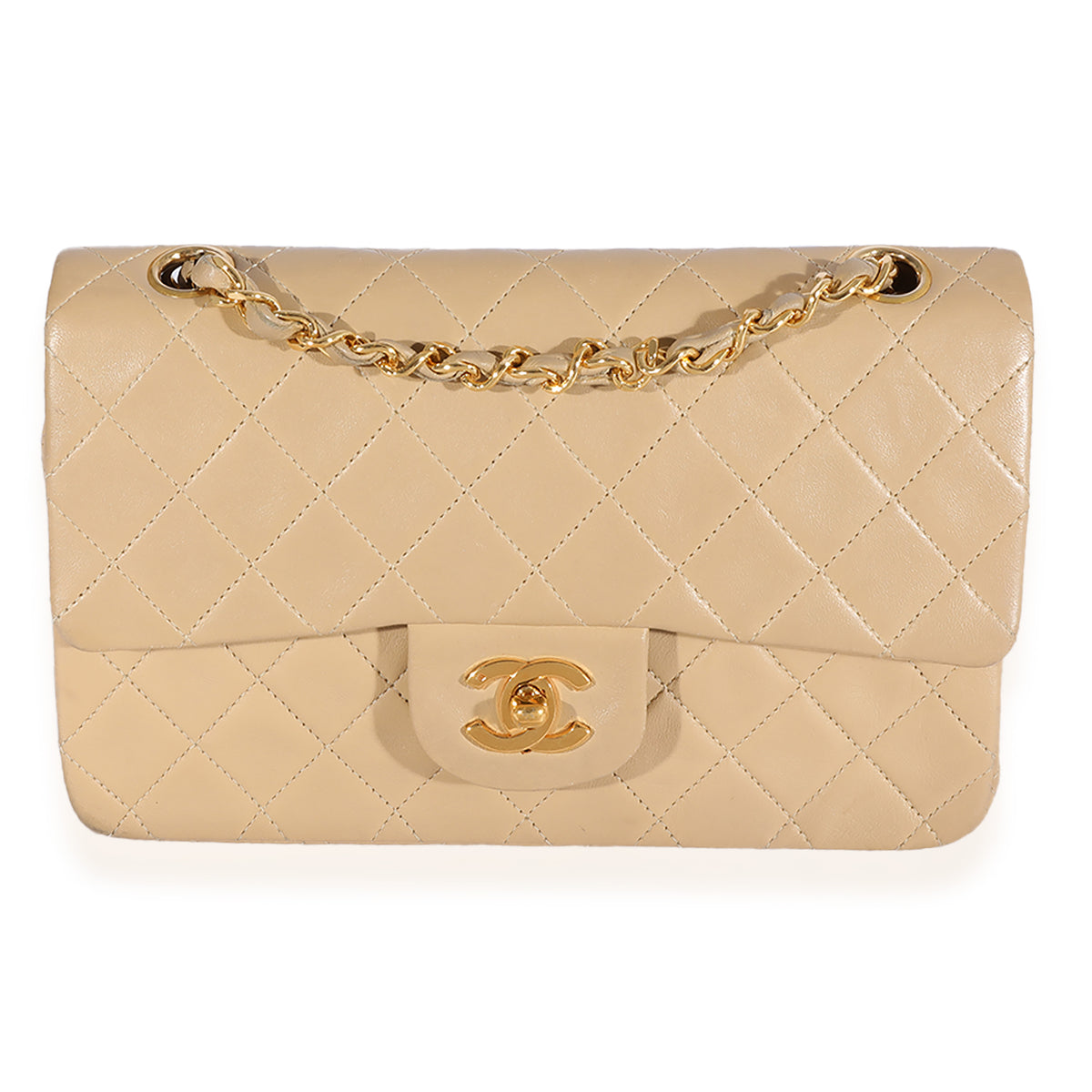 Chanel Beige Quilted Lambskin Medium Double Flap Bag Gold Hardware